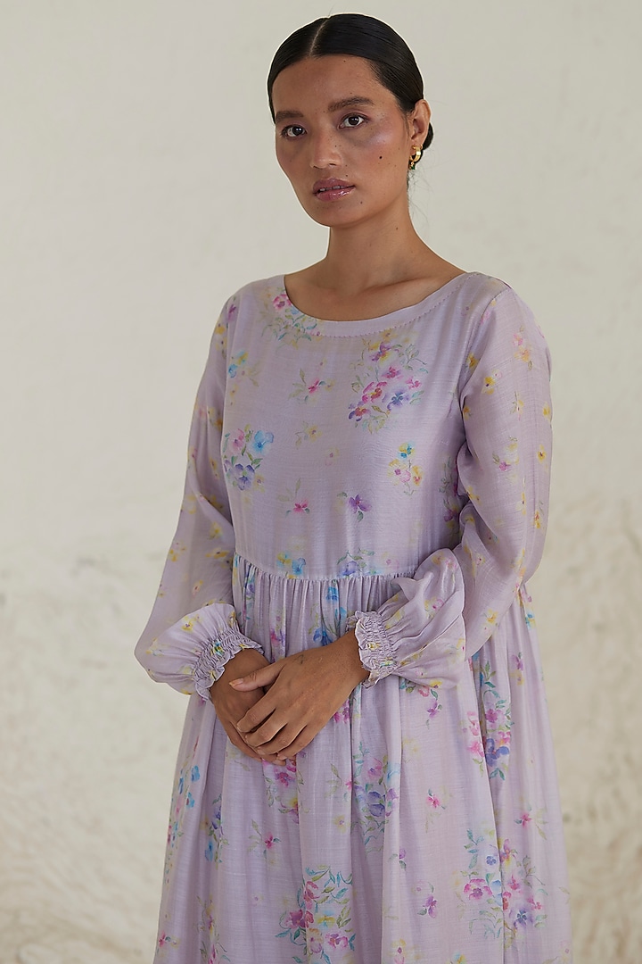 Mauve Handwoven Silk Modal Floral Printed Midi Summer Dress by Surmaye at Pernia's Pop Up Shop