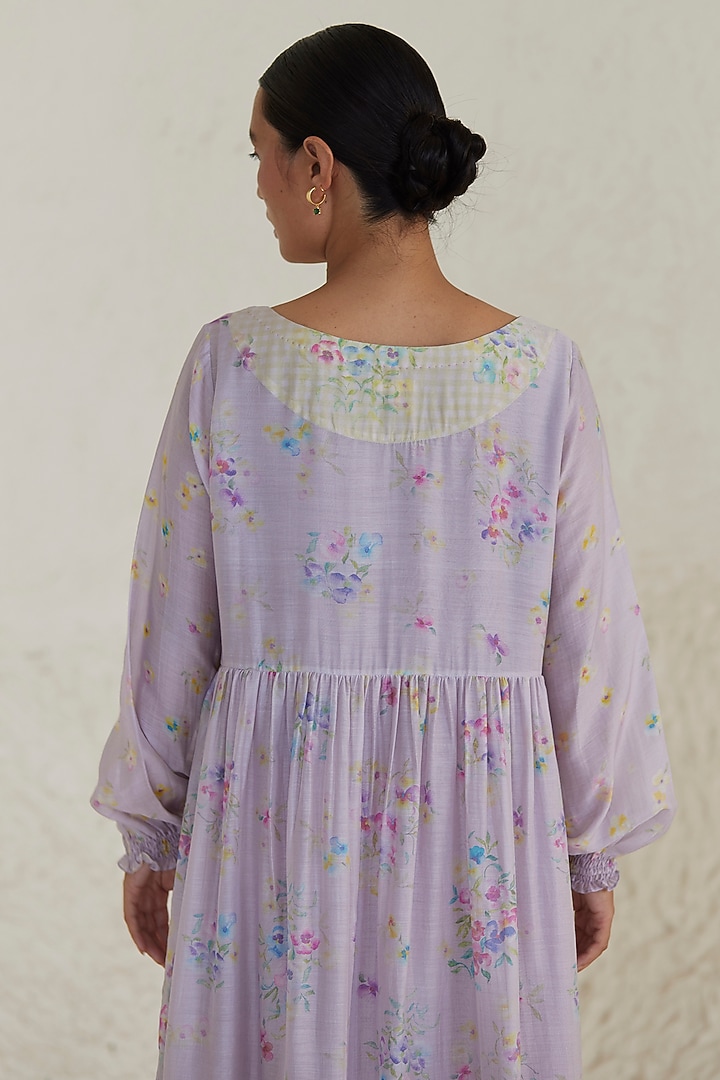 Mauve Handwoven Silk Modal Floral Printed Midi Summer Dress by Surmaye at Pernia's Pop Up Shop