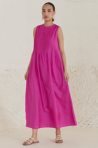 Pink Handwoven Silk Modal Maxi Dress by Surmaye