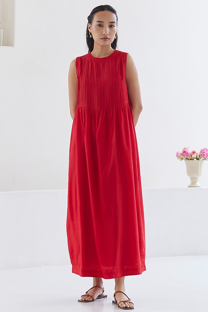 Red Handwoven Silk Modal Maxi Summer Dress by Surmaye at Pernia's Pop Up Shop