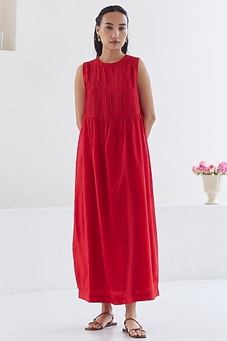 Red Handwoven Silk Modal Maxi Dress by Surmaye