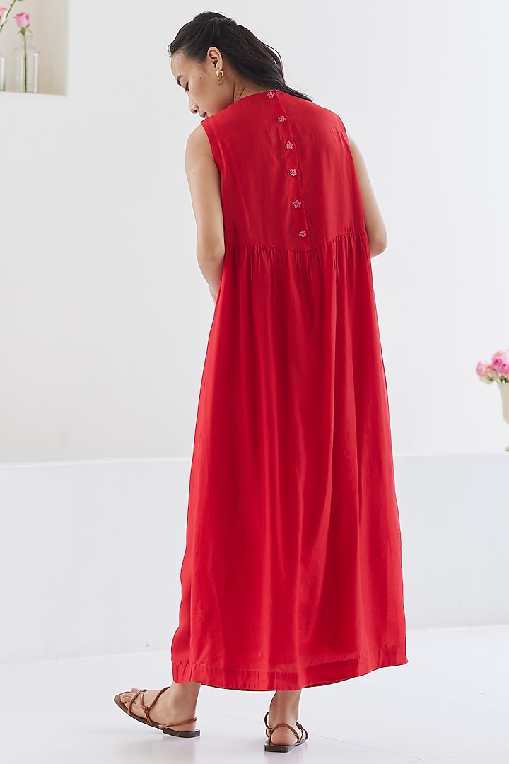 Red Handwoven Silk Modal Maxi Summer Dress by Surmaye at Pernia's Pop Up Shop