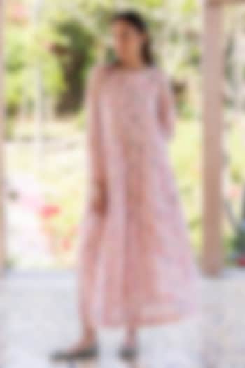 Pink Handwoven Fine Silk Khadi Floral Printed Maxi Summer Dress by Surmaye  at Pernia's Pop Up Shop
