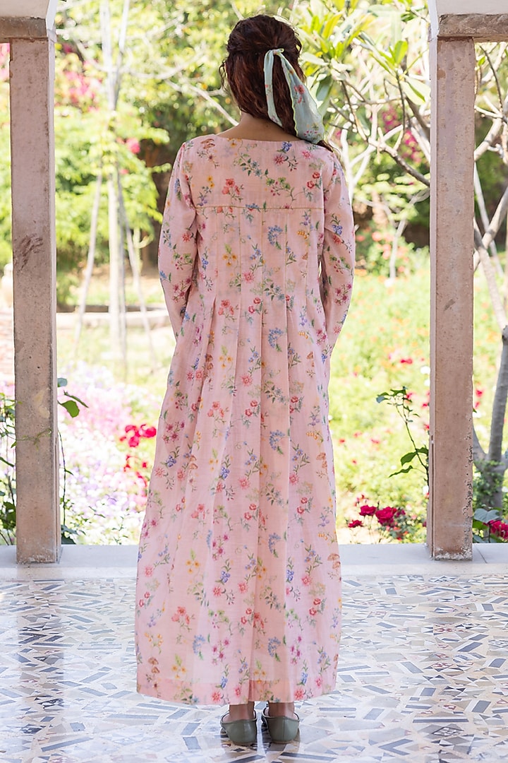 Pink Handwoven Fine Silk Khadi Floral Printed Maxi Summer Dress by Surmaye at Pernia's Pop Up Shop