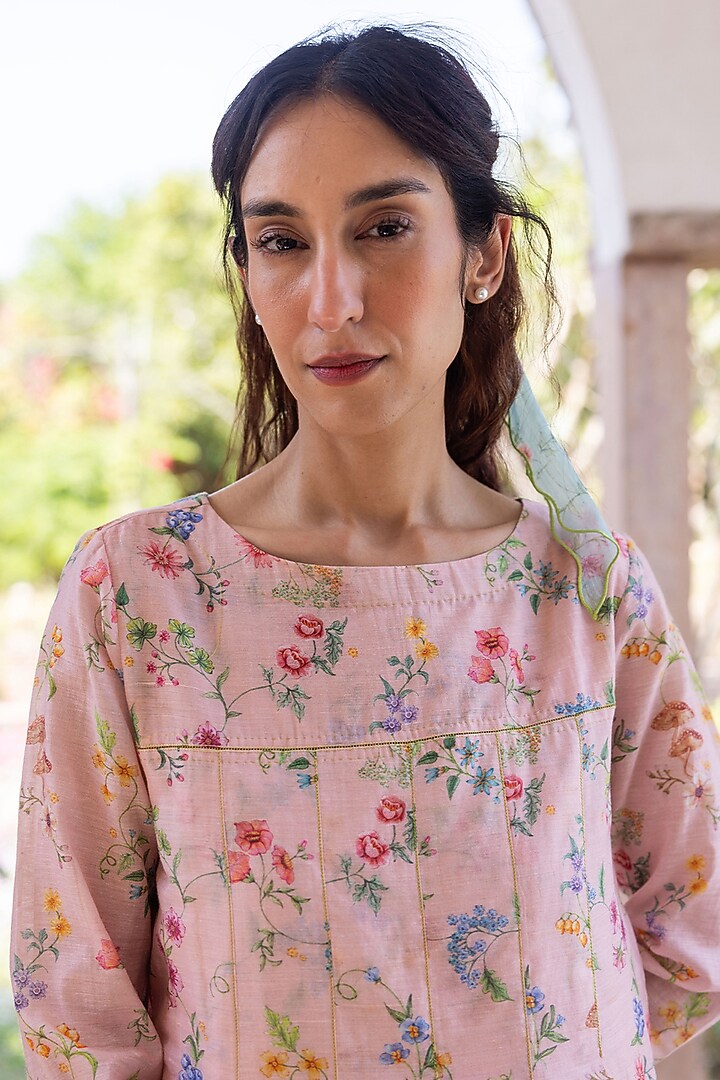 Pink Handwoven Fine Silk Khadi Floral Printed Maxi Summer Dress by Surmaye at Pernia's Pop Up Shop