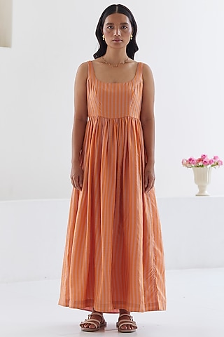 Orange Handwoven Silk Modal Striped Maxi Dress by Surmaye