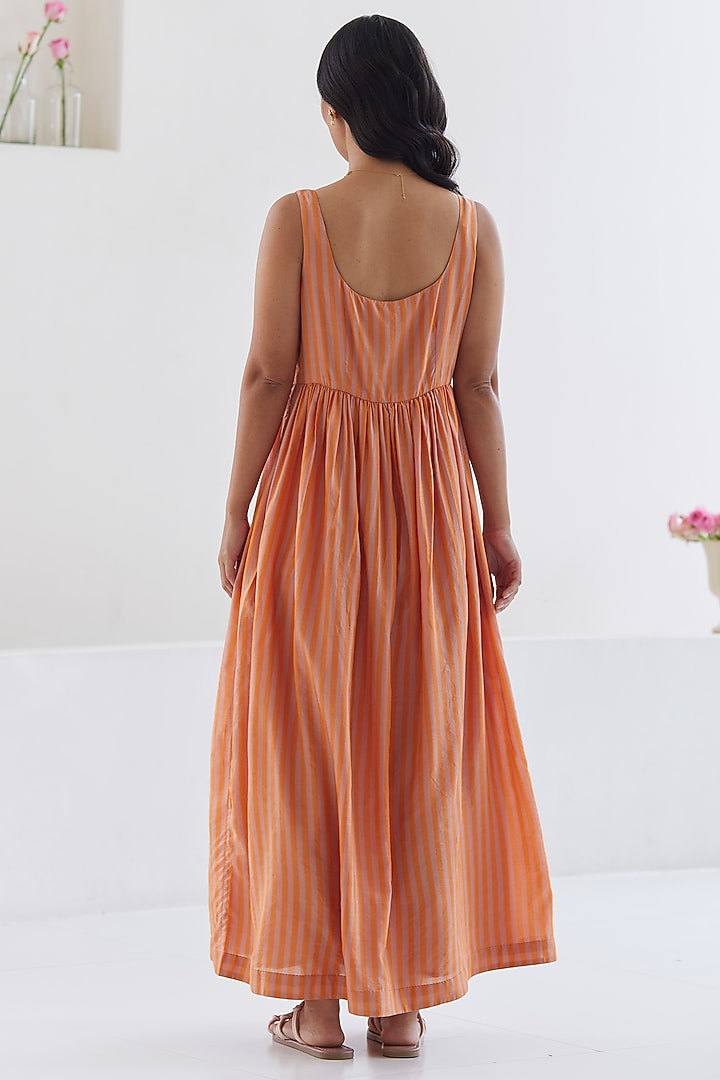 Orange Handwoven Silk Modal Striped Maxi Summer Dress by Surmaye at Pernia's Pop Up Shop