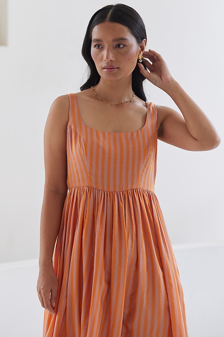 Orange Handwoven Silk Modal Striped Maxi Summer Dress by Surmaye at Pernia's Pop Up Shop