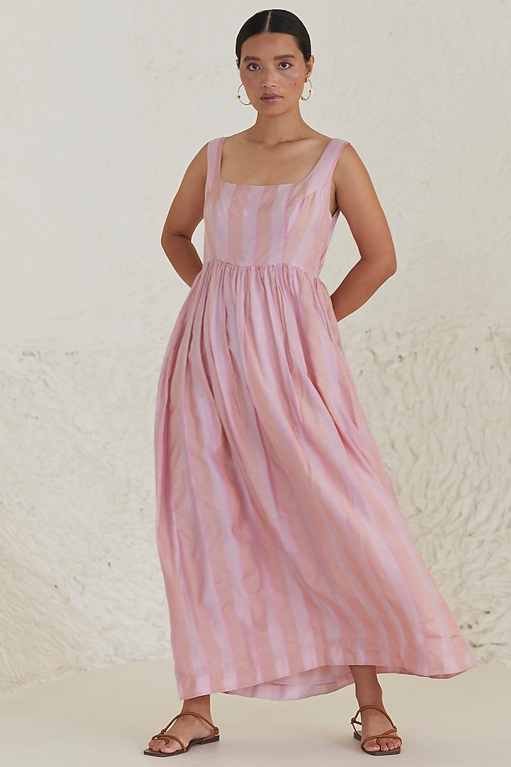 Pink Handwoven Silk Modal Striped Maxi Summer Dress by Surmaye at Pernia's Pop Up Shop