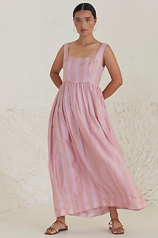 Pink Handwoven Silk Modal Striped Maxi Dress by Surmaye