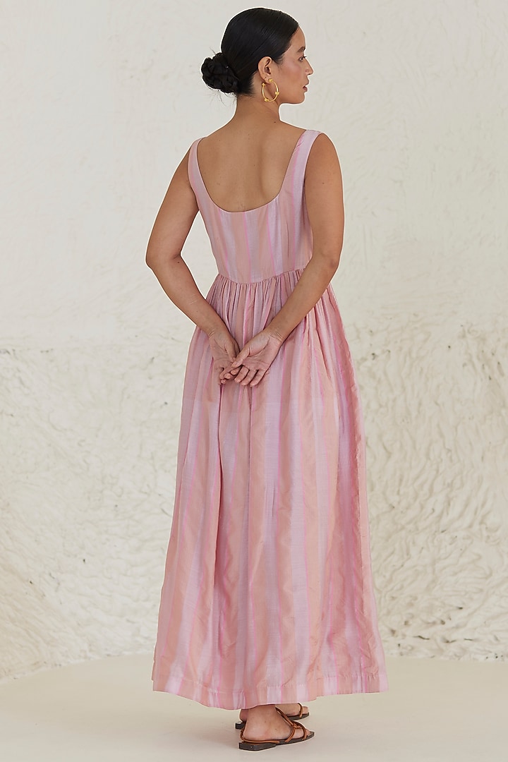 Pink Handwoven Silk Modal Striped Maxi Summer Dress by Surmaye at Pernia's Pop Up Shop