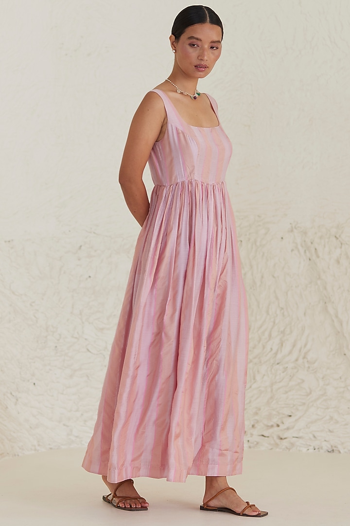 Pink Handwoven Silk Modal Striped Maxi Summer Dress by Surmaye at Pernia's Pop Up Shop