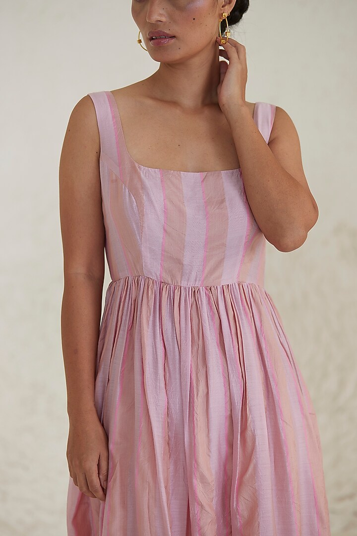 Pink Handwoven Silk Modal Striped Maxi Summer Dress by Surmaye at Pernia's Pop Up Shop