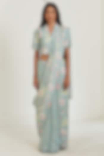 Sage Green Handwoven Mulberry Silk Floral Printed Party Wear Saree by Surmaye at Pernia's Pop Up Shop