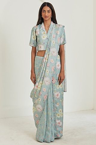 Sage Green Handwoven Mulberry Silk Floral Printed Saree by Surmaye