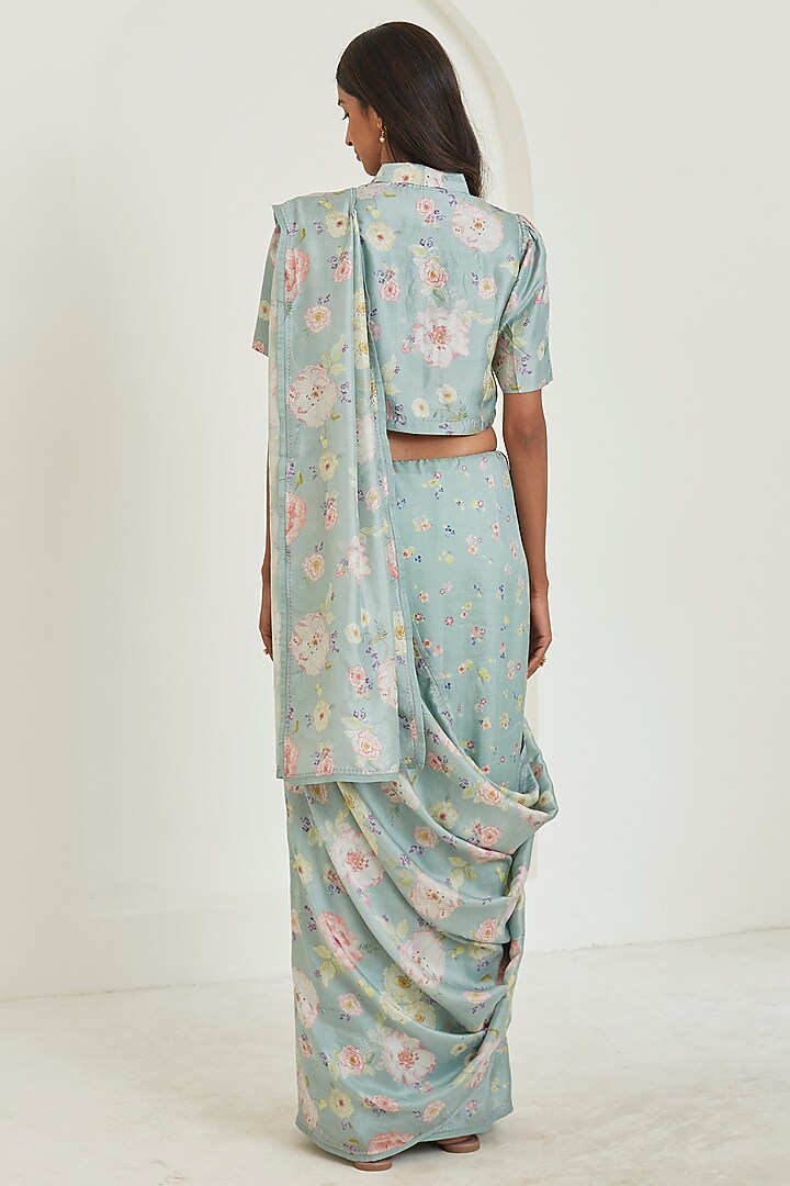 Sage Green Handwoven Mulberry Silk Floral Printed Party Wear Saree by Surmaye at Pernia's Pop Up Shop