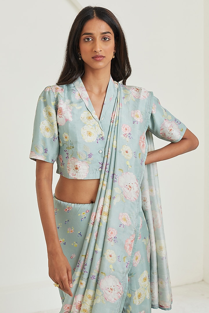 Sage Green Handwoven Mulberry Silk Floral Printed Party Wear Saree by Surmaye at Pernia's Pop Up Shop