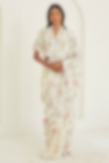Ivory Handwoven Mulberry Silk Floral Printed Party Wear Saree by Surmaye at Pernia's Pop Up Shop