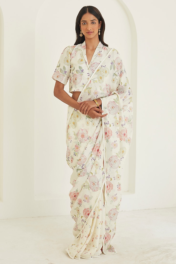 Ivory Handwoven Mulberry Silk Floral Printed Party Wear Saree by Surmaye at Pernia's Pop Up Shop