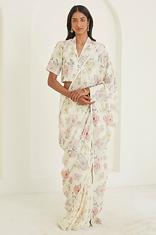 Ivory Handwoven Mulberry Silk Floral Printed Saree by Surmaye