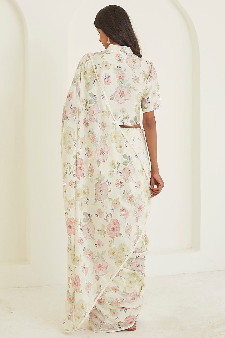 Ivory Handwoven Mulberry Silk Floral Printed Party Wear Saree by Surmaye at Pernia's Pop Up Shop
