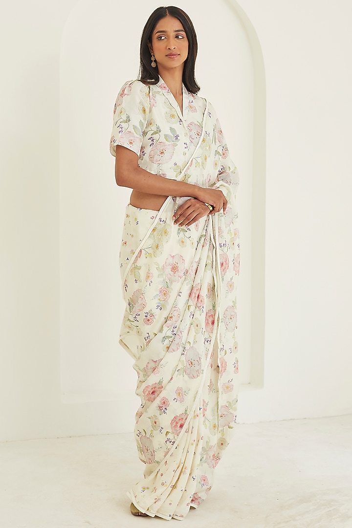 Ivory Handwoven Mulberry Silk Floral Printed Party Wear Saree by Surmaye at Pernia's Pop Up Shop