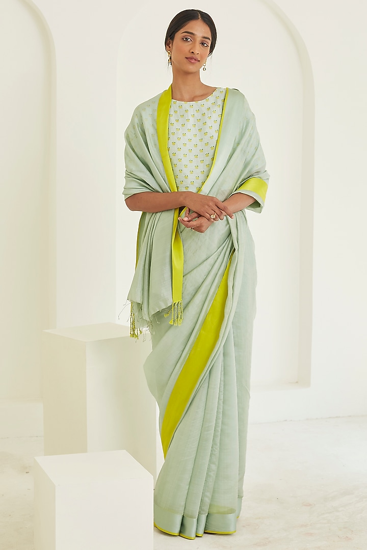 Seafoam Colored Handwoven Organza Mulberry Silk Party Wear Saree by Surmaye at Pernia's Pop Up Shop