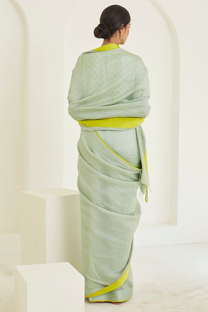 Seafoam Colored Handwoven Organza Mulberry Silk Party Wear Saree by Surmaye at Pernia's Pop Up Shop