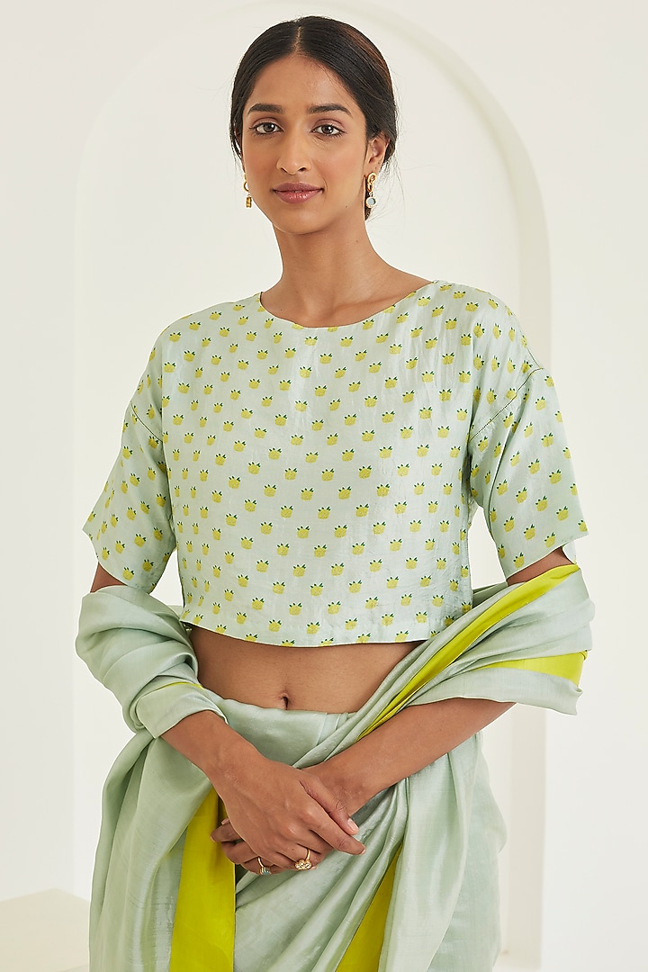 Seafoam Colored Handwoven Organza Mulberry Silk Party Wear Saree by Surmaye at Pernia's Pop Up Shop