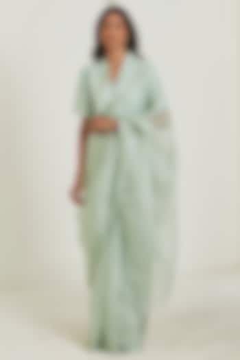 Seafoam Colored Handwoven Organza Mulberry Silk Checkered Festive Saree by Surmaye at Pernia's Pop Up Shop