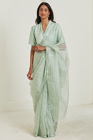 Seafoam Colored Handwoven Organza Mulberry Silk Checkered Saree by Surmaye