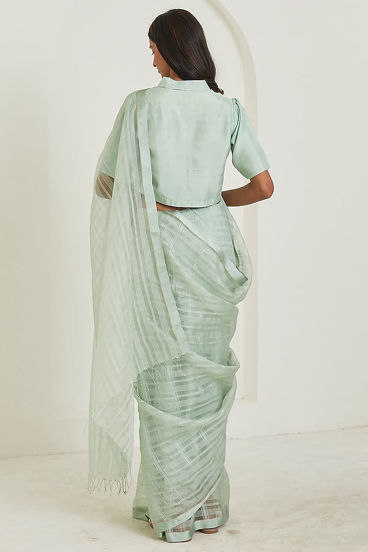 Seafoam Colored Handwoven Organza Mulberry Silk Checkered Festive Saree by Surmaye at Pernia's Pop Up Shop