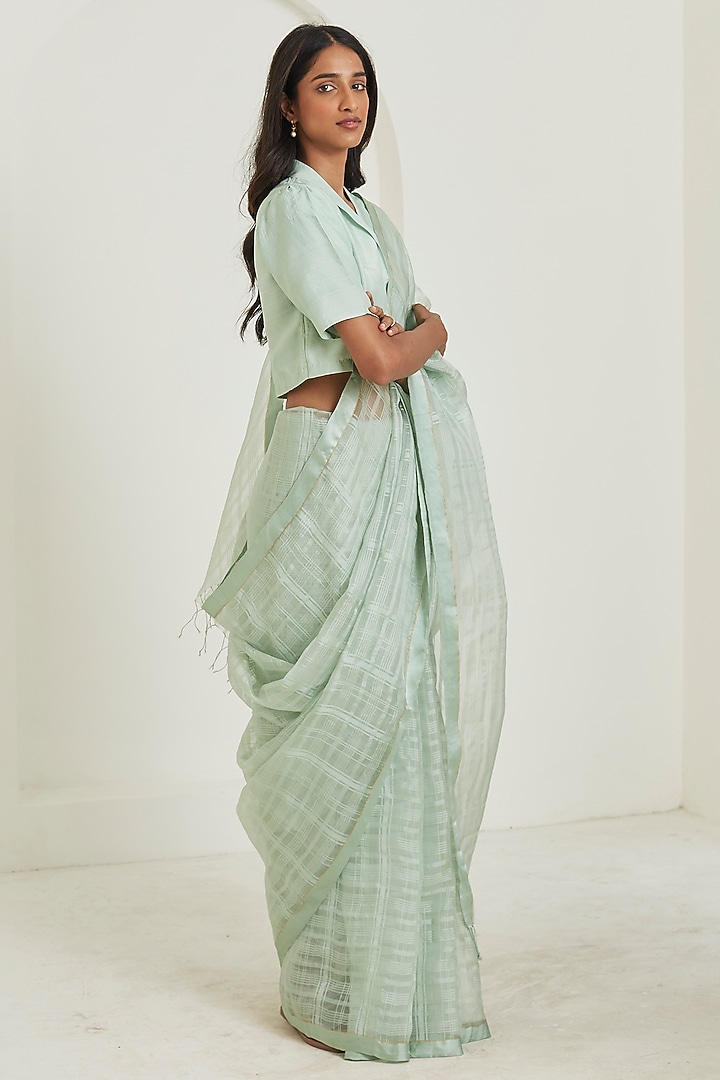 Seafoam Colored Handwoven Organza Mulberry Silk Checkered Festive Saree by Surmaye at Pernia's Pop Up Shop