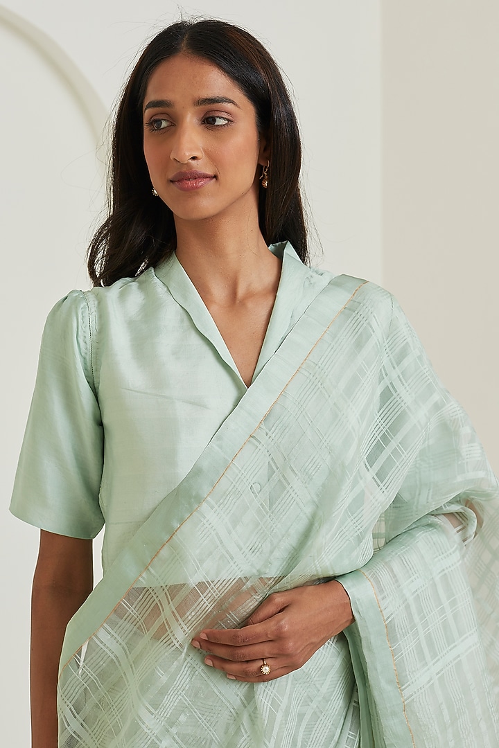 Seafoam Colored Handwoven Organza Mulberry Silk Checkered Festive Saree by Surmaye at Pernia's Pop Up Shop