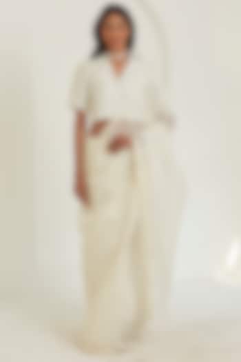 Ivory Handwoven Organza Mulberry Silk Checkered Festive Saree by Surmaye at Pernia's Pop Up Shop