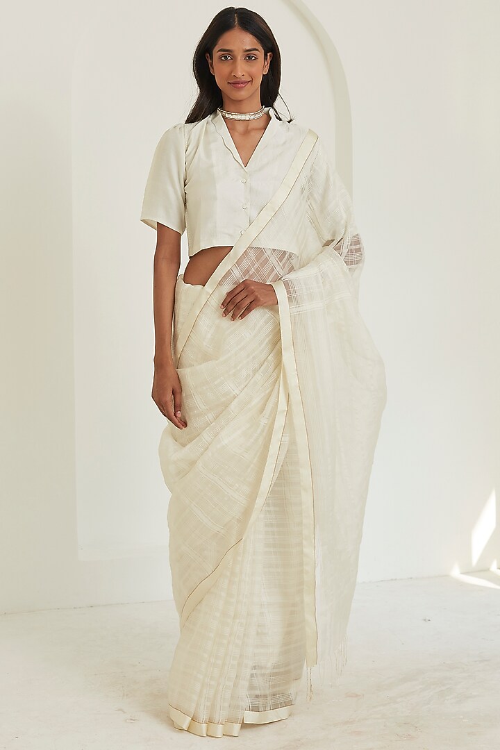 Ivory Handwoven Organza Mulberry Silk Checkered Festive Saree by Surmaye at Pernia's Pop Up Shop