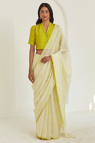 Ivory & Lime Handwoven Organza Mulberry Silk Striped Saree by Surmaye