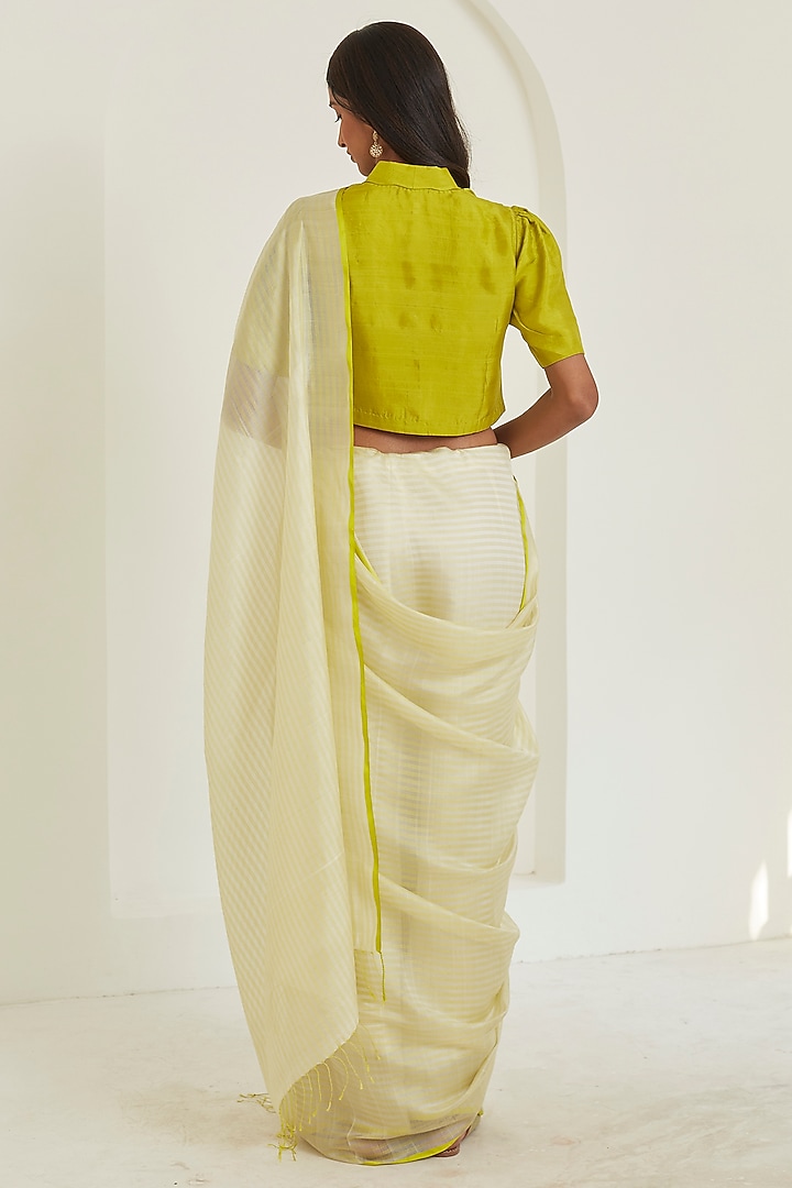 Ivory & Lime Handwoven Organza Mulberry Silk Striped Party Wear Saree by Surmaye at Pernia's Pop Up Shop