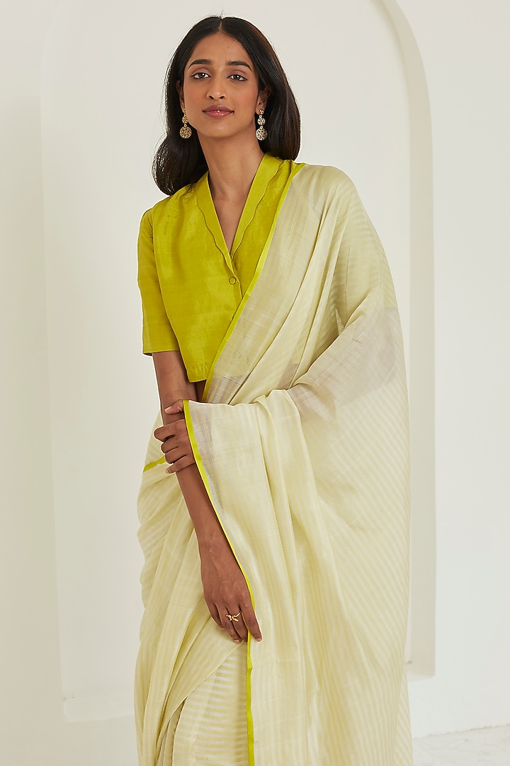 Ivory & Lime Handwoven Organza Mulberry Silk Striped Party Wear Saree by Surmaye at Pernia's Pop Up Shop