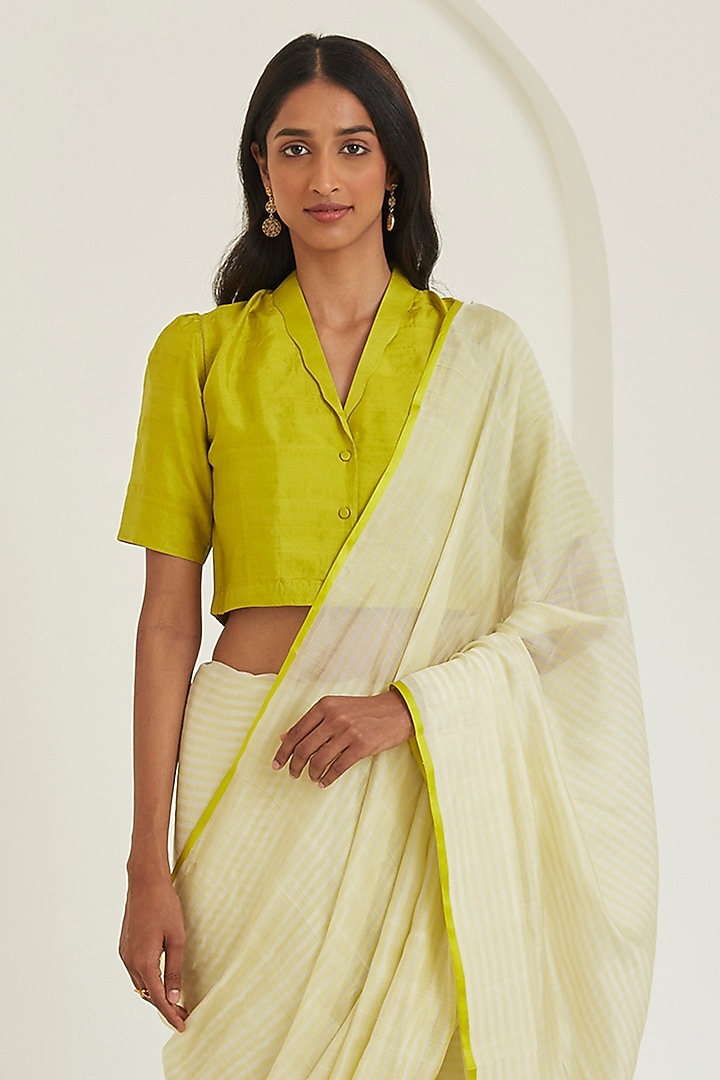 Ivory & Lime Handwoven Organza Mulberry Silk Striped Party Wear Saree by Surmaye at Pernia's Pop Up Shop