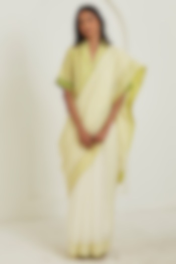 Ivory & Lime Handwoven Silk Khadi Striped Festive Saree by Surmaye at Pernia's Pop Up Shop