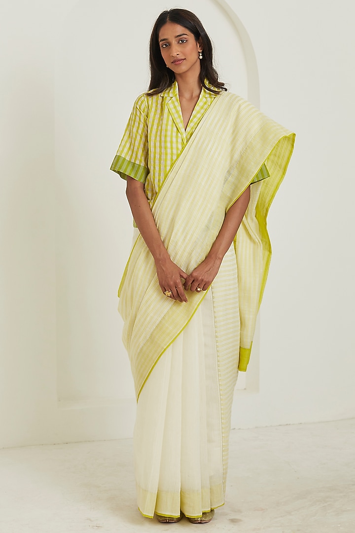 Ivory & Lime Handwoven Silk Khadi Striped Festive Saree by Surmaye at Pernia's Pop Up Shop