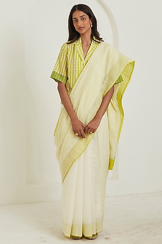 Ivory & Lime Handwoven Silk Khadi Striped Saree by Surmaye