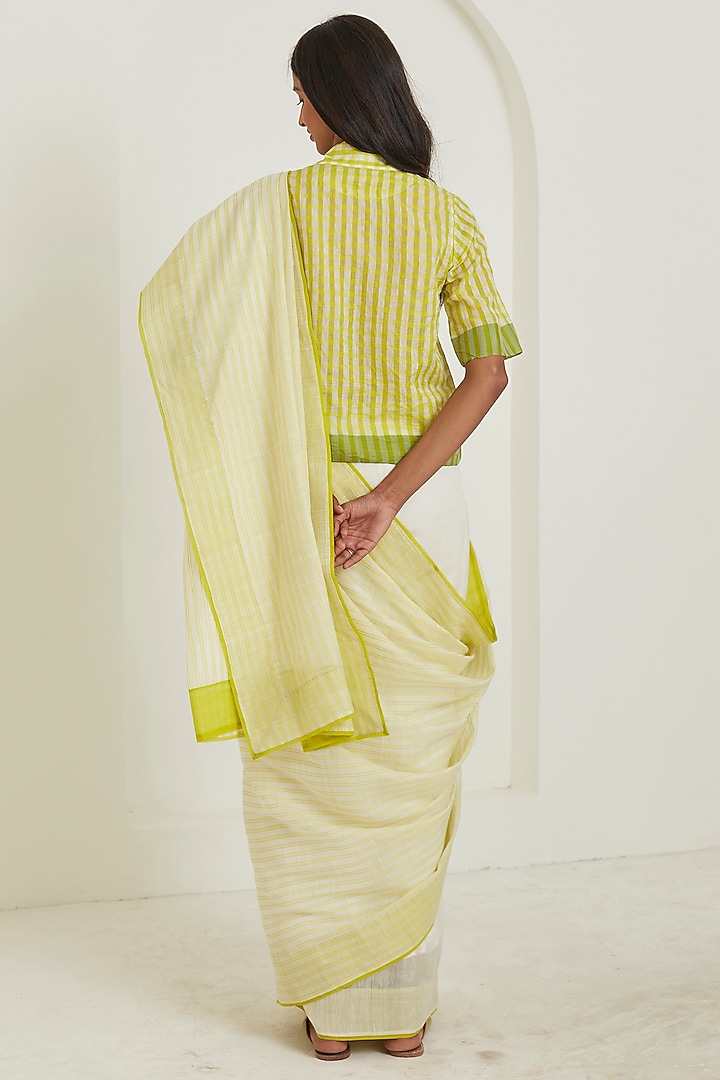 Ivory & Lime Handwoven Silk Khadi Striped Festive Saree by Surmaye at Pernia's Pop Up Shop