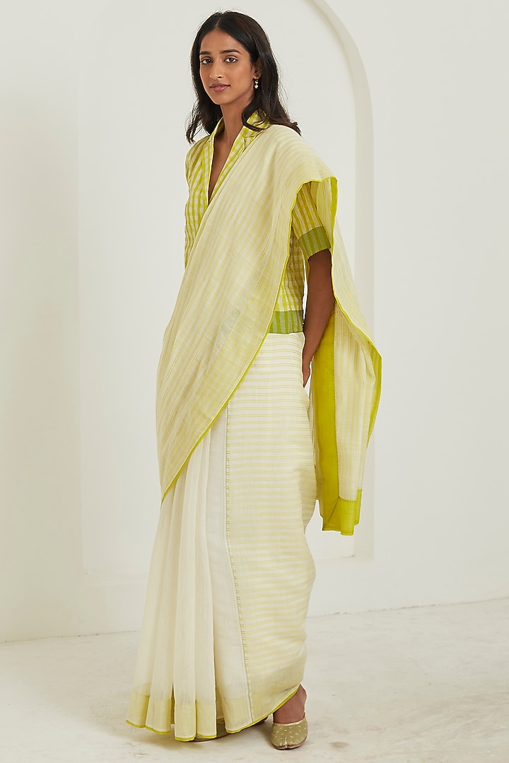 Ivory & Lime Handwoven Silk Khadi Striped Festive Saree by Surmaye at Pernia's Pop Up Shop