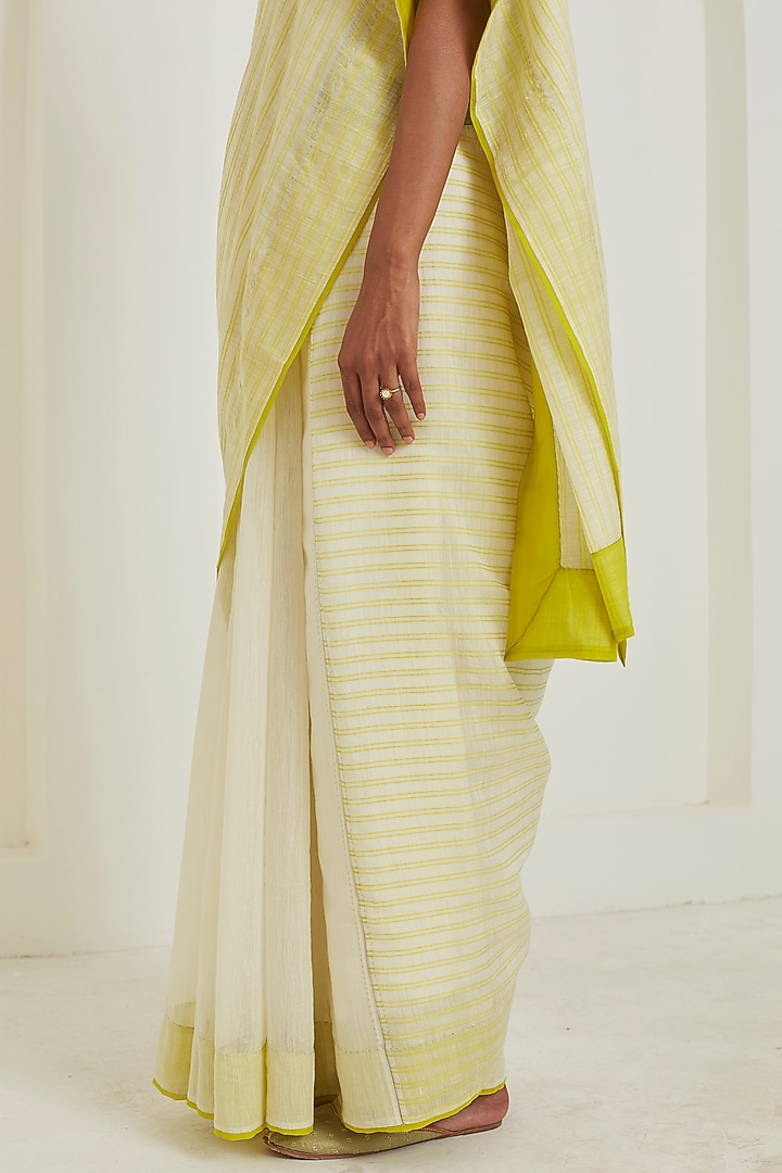 Ivory & Lime Handwoven Silk Khadi Striped Festive Saree by Surmaye at Pernia's Pop Up Shop