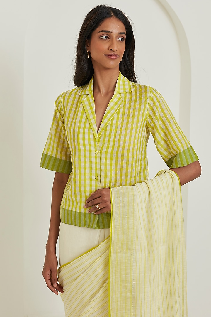Ivory & Lime Handwoven Silk Khadi Striped Festive Saree by Surmaye at Pernia's Pop Up Shop