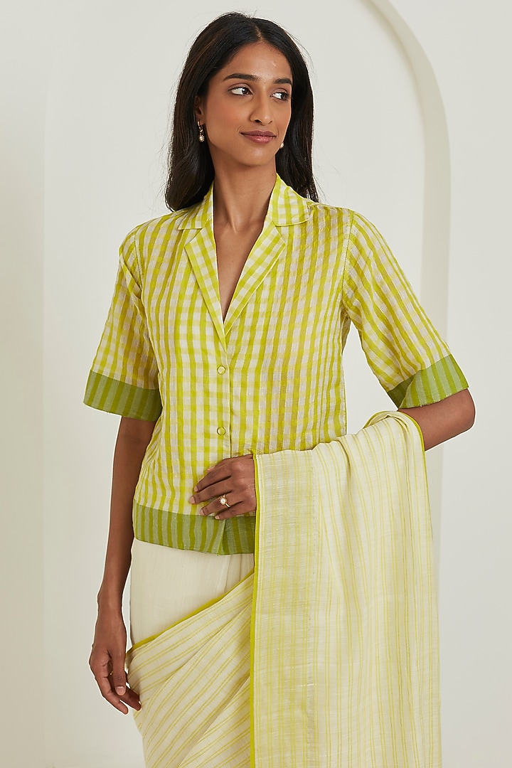 Lime Handwoven Silk Khadi Checkered Blouse by Surmaye at Pernia's Pop Up Shop
