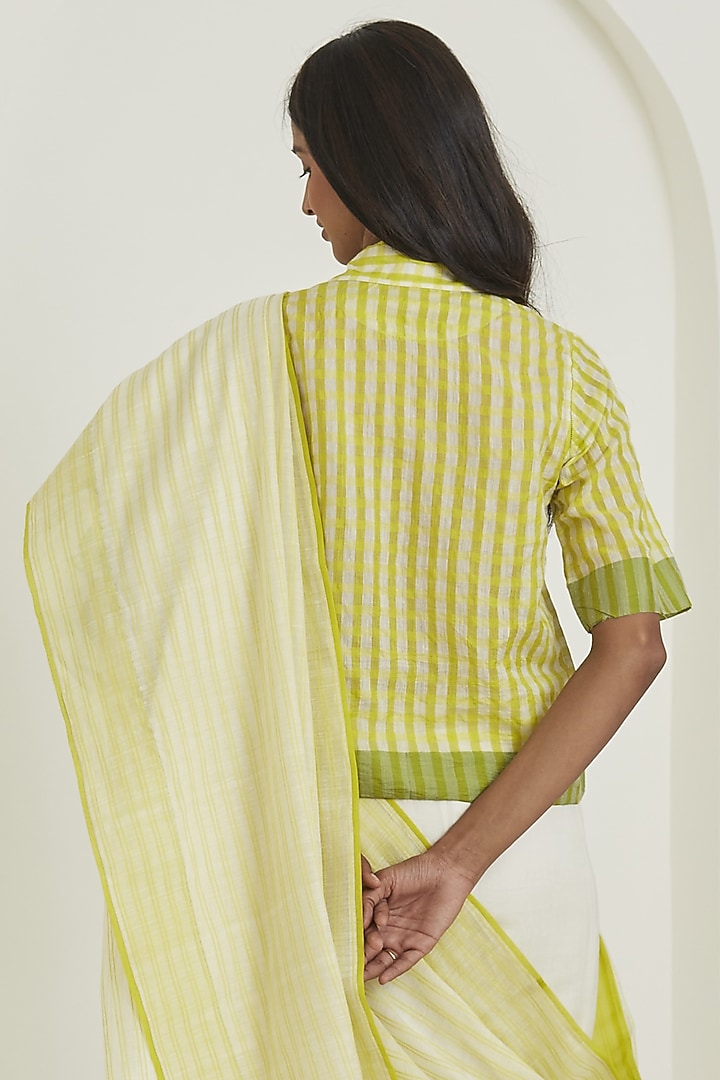 Lime Handwoven Silk Khadi Checkered Blouse by Surmaye at Pernia's Pop Up Shop