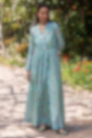 Blue Handwoven Fine Silk Khadi Floral Printed Maxi Vacation Dress by Surmaye  at Pernia's Pop Up Shop